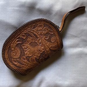 Vintage Tooled Leather Clutch Wristlet Purse